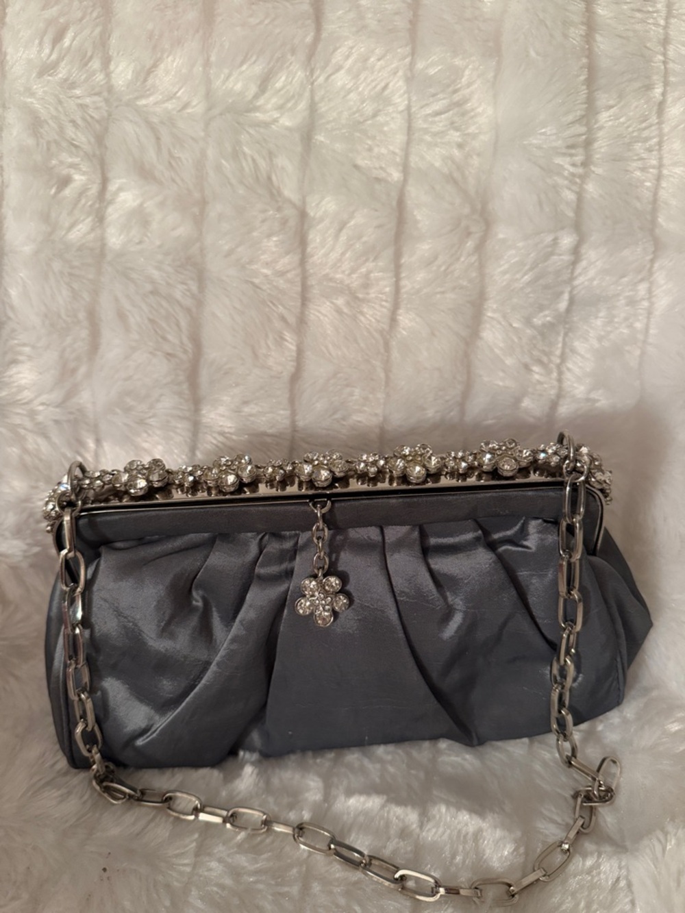 Evening Satin Chain Clutch in Gunmetal with Crystal Accents